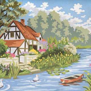 Grafitec Tapestry Wall Art No 6295 Cottage by the Stream available for sale at Gabriele's Sewing & Crafts